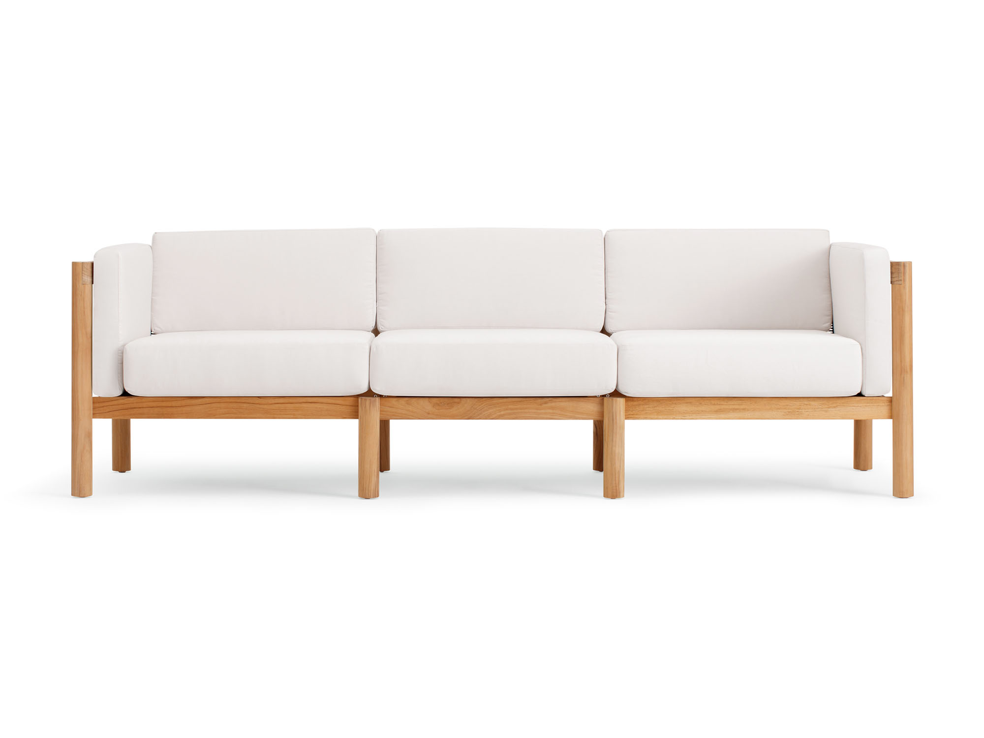 Front view of outdoor sofa with white arm cushions